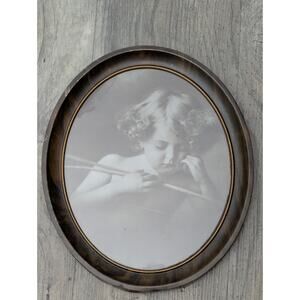 Antique Wood Look Oval Metal Frame With Glass 12.2 x 10.5 Inches